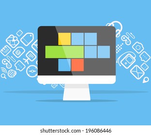 Different icons flows into modern monitor