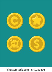 Different icons of gold coins: a coin with sign cents; coin with a dollar sign; coin with a star; coin with the image of a pirate skull.