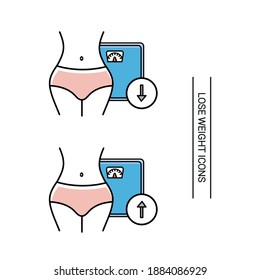 Different icons of losing weight. Image of a slim woman's waist. Slimming icon. Stroke drawings