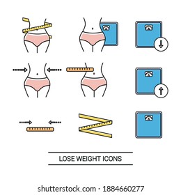 Different icons of losing weight. Image of a slim woman's waist. Slimming icon. Stroke drawings