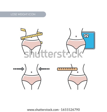 Different icons of losing weight. Image of a slim woman's waist. Slimming icon. Stroke drawings