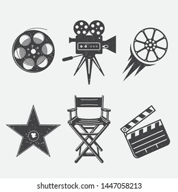 Different icons for movie and production in vintage style. Movie camera, star award, movie clapper, camera, bobbin, cine-film and director armchair.