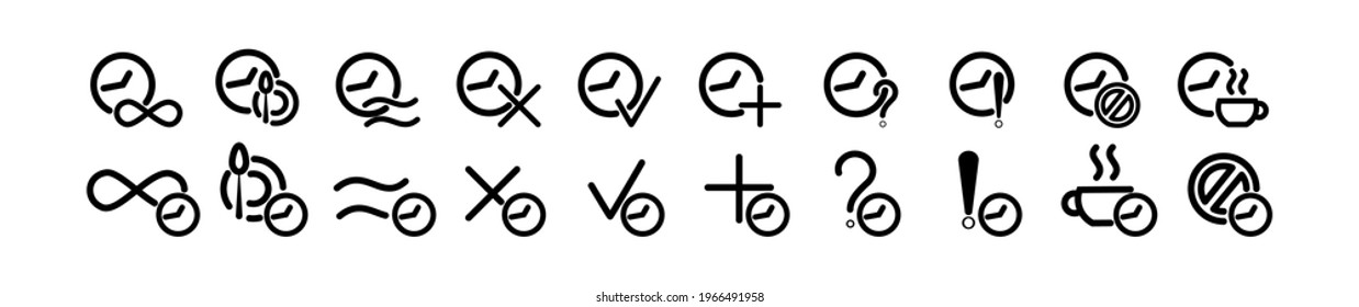 Unterschiedliche Symbole auf der Uhr, Häkchen, Kreuz-, Frage- und Ausrufezeichen. Vektorgrafik, die die Zeit mit verschiedenen Symbolen und Zeichen zeigt.