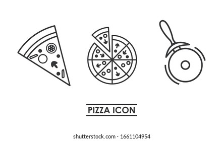 Different icons of a pizza. Fast food icon. Image of a slice of pizza, a whole pizza and pizza cutter. Line and stroke design.