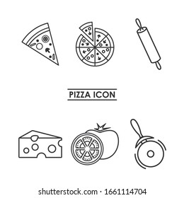 Different icons of a pizza. Fast food icon. Image of a slice of pizza, a whole pizza, a pizza cutter, a rolling pin, cheese and tomato. Line and stroke design.