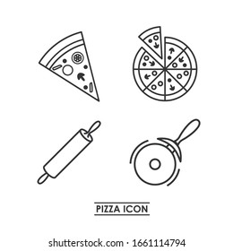 Different icons of a pizza. Fast food icon. Image of a slice of pizza, a whole pizza, a pizza cutter and a rolling pin. Line and stroke design.