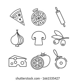 Different icons of a pizza. Fast food icon. Image of a slice of pizza, a whole pizza, a pizza cutter, a rolling pin, cheese, tomato, mushroom, olive oil and onion. Line and stroke design.