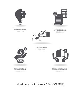 Different icons of the process of creating and selling a project. Editable vector. Idea, creation, invoice, payment and package delivery icons. Modern icons