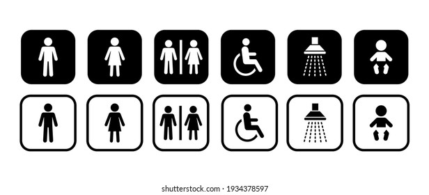 Different icons for restroom. Men, Woman, People with disability, Shower, Child. Vector signs