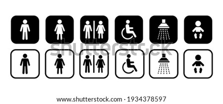 Different icons for restroom. Men, Woman, People with disability, Shower, Child. Vector signs