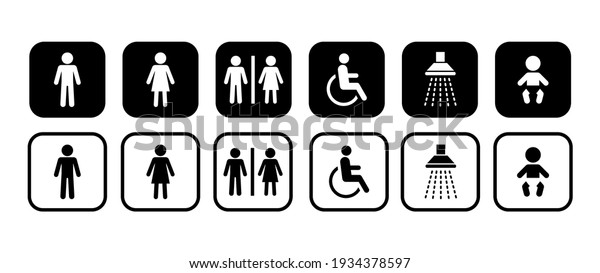 Different icons for restroom. Men,\
Woman, People with disability, Shower, Child. Vector\
signs