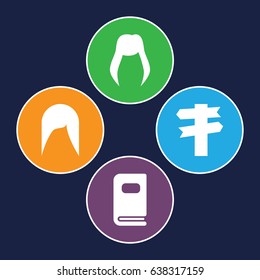 Different icons set. set of 4 different filled icons such as woman hairstyle, photo album