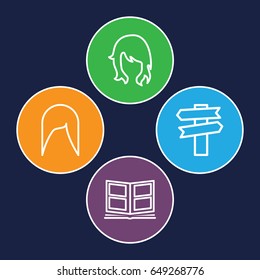 Different icons set. set of 4 different outline icons such as woman hairstyle, photo album