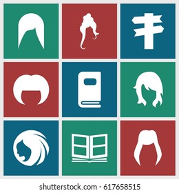Different icons set. set of 9 different filled icons such as woman hairstyle, photo album