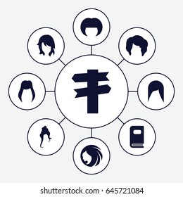 Different icons set. set of 9 different filled icons such as woman hairstyle, photo album
