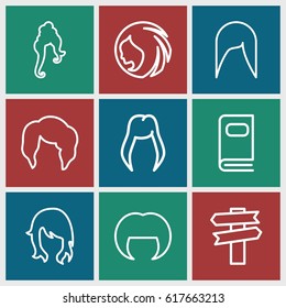 Different icons set. set of 9 different outline icons such as woman hairstyle, photo album