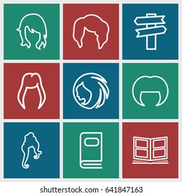 Different icons set. set of 9 different outline icons such as woman hairstyle, photo album