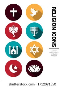 Different icons and symbols of religion. Christianity, Judaism, Islam and Hinduism.