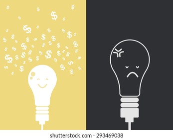 Different idea. Dollar fly from idea lamp. Success money idea, Open light bulb with dollar coin, Business growing money concept. Vector illustration
