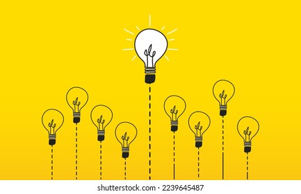 A different idea that stands out from the crowd. Several light bulbs and one on. New creative idea, innovation and leader that stands out.