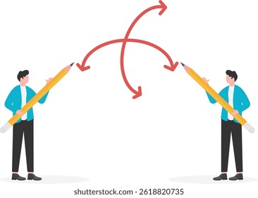 Diferentes ideias e planos, brainstorming, empresários segurando lápis e desenhando setas de caminho em quatro direções diferentes

