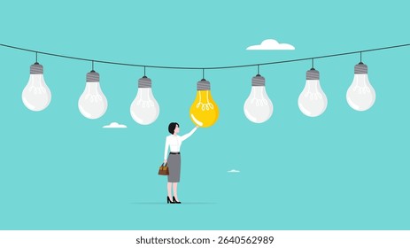 different ideas or strategies to achieve success, success in finding profitable business opportunities, Smart business woman chooses a light bulb that is on from several that are off