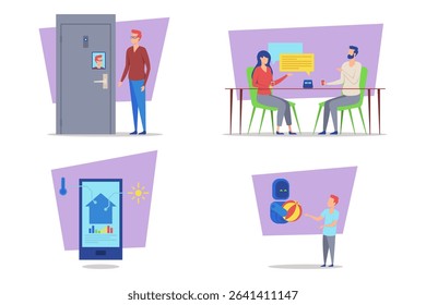 Different illustrations with individuals engaging in various activities. Person at door, discussion at table and other