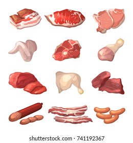 Different illustrations of meat. Marble beef, piece of lamb, and other food pictures in cartoon style. Steak pork, raw ham and fresh meat product vector