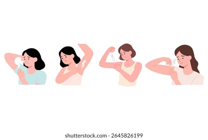 different illustrations of women experiencing underarm issues, possibly due to sweating, rashes, or other skin problems.