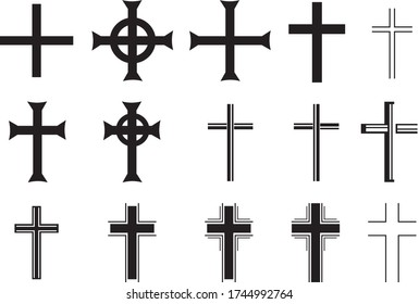 Different images of a cross on a white background, vector.