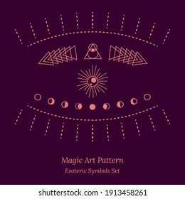 Different images of opening of third eye, symbol of soul in esoteric and general view. Moon phases. Illustration of magic session, look into future, connection with universe. Vector drawing for tarot 