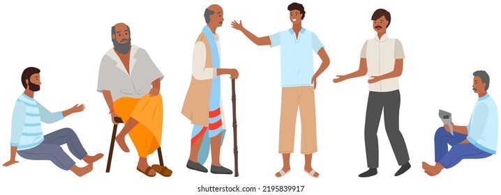 Different indian old and young men characters set in flat style isolated on white. Differences hindu ethnic people smiling faces in traditional clothing. Asian people adult and elderly persons