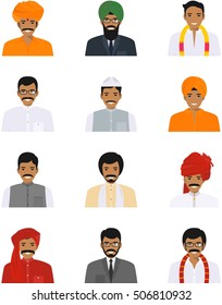 Different indian people characters avatars icons set in flat style isolated on white background. Differences hindu ethnic man smiling faces in traditional clothing. Vector illustration.