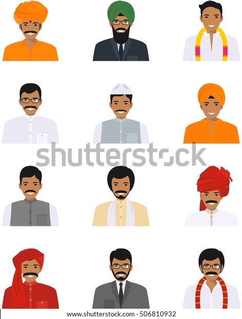 白い背景に平らなスタイルのアイコンセットを持つインド人の文字の異なるアバター 伝統的な衣服を着て笑顔を見せるヒンドゥー教の異民族 ベクターイラスト のベクター画像素材 ロイヤリティフリー 506810932