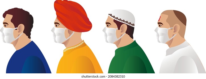 Different Indian People Characters, Hindu, Muslim Sikh,  Christian in Flat Style Vector Illustration.