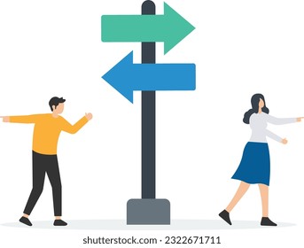 Different individual way, different business direction or team conflict, opposite decision, contrast or disagreement, Holding arrow running in opposite position

