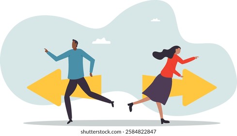 Different individual way, different business direction or team conflict, opposite decision,business concept.flat character.