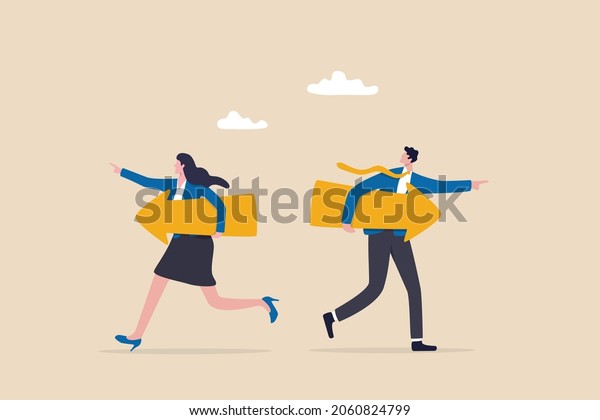 Different individual way, different business\
direction or team conflict, opposite decision, contrast or\
disagreement concept, businessman and businesswoman holding arrow\
running in opposite\
position.