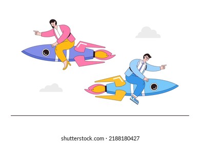 Different individual way, corporate or team goals conflict, decision disagreement, contrast in work project concepts. Businessman and businesswoman sit on rocket and flying with opposite direction.