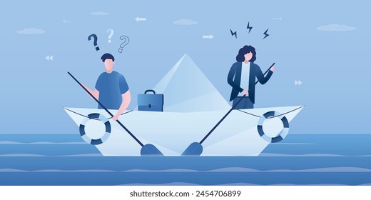 Different individual ways, business direction or team conflict, opposing decisions or disagreements, businesswoman and businessman rowing boat in opposite directions. Family conflict, divorce. vector