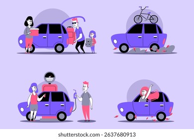 Different individuals engaged with various cars in lively urban environment. Activities including loading items, riding bikes, and enjoying leisurely drives