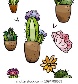 Different indoor succulent plants seamless pattern. Endless texture with floral theme.