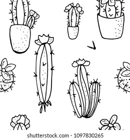 Different indoor succulent plants seamless pattern. Endless texture with floral theme. Black and white monochrome.