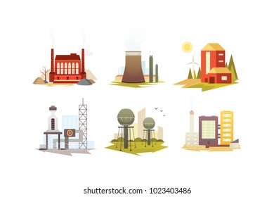 Different industrial factory buildings and plants. Industrial city construction set vector illustrations