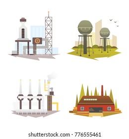 Different industrial factory buildings and plants. Industrial city construction set vector illustrations