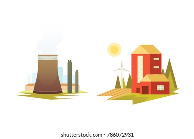 Different industrial factory buildings and plants. Industrial city construction set vector illustrations