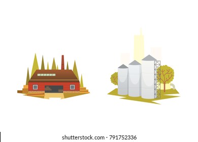 Different industrial factory buildings and plants. Industrial city construction set vector illustrations