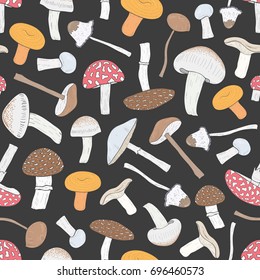 Different inedible mushrooms seamless pattern. Hand drawn fungi. Colorful vector illustration. pattern on black  background.