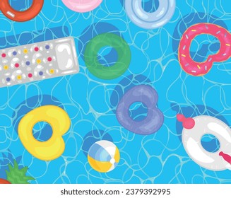 Different inflatable rings and mattresses in swimming pool, top 