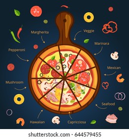 Different ingredients of classical italian pizza. Delicious food illustration. Vector infographics